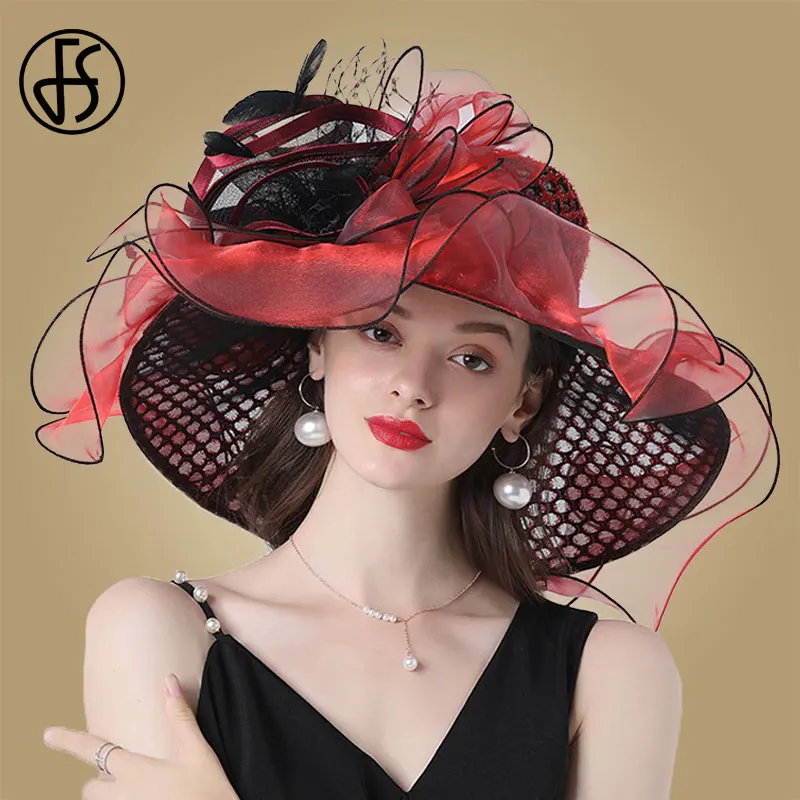 FS Frauen Organza Rote Hüte Hochzeit Fascinator Elegante Große Breite Krempe Fedora Kentucky Derby Hüte Party Formale Kirche Damen Hut