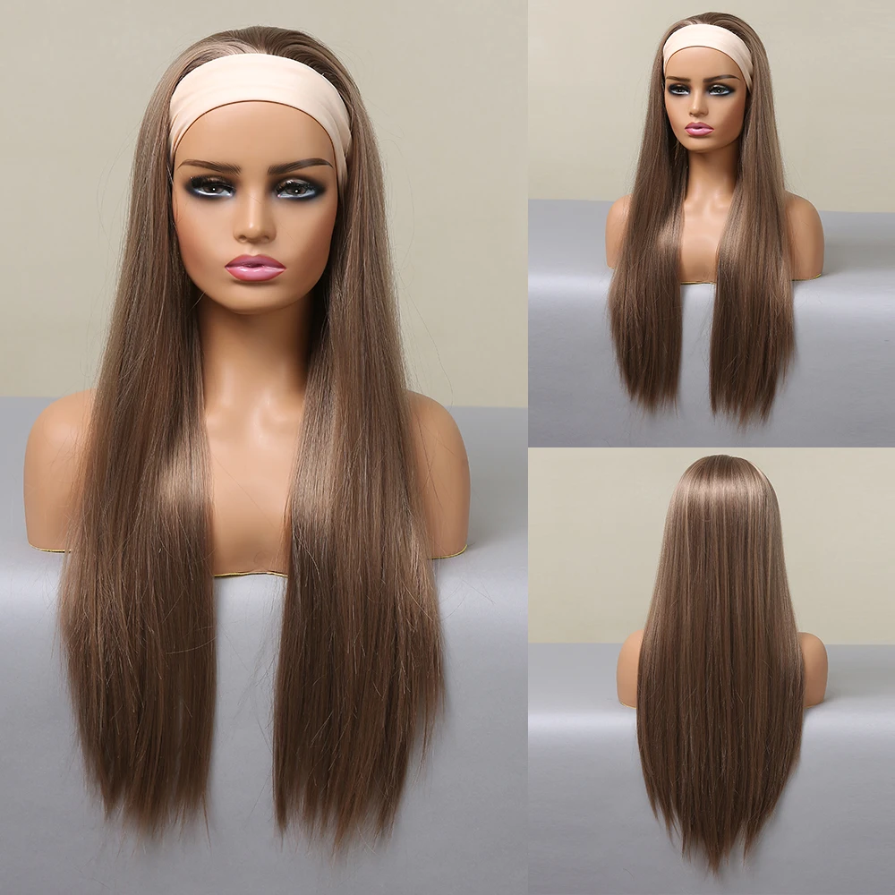 Lange gerade braune blonde synthetische Stirnband Perücken für schwarze Frauen markieren goldene Haar Perücken täglich Cosplay hitze beständig Image
