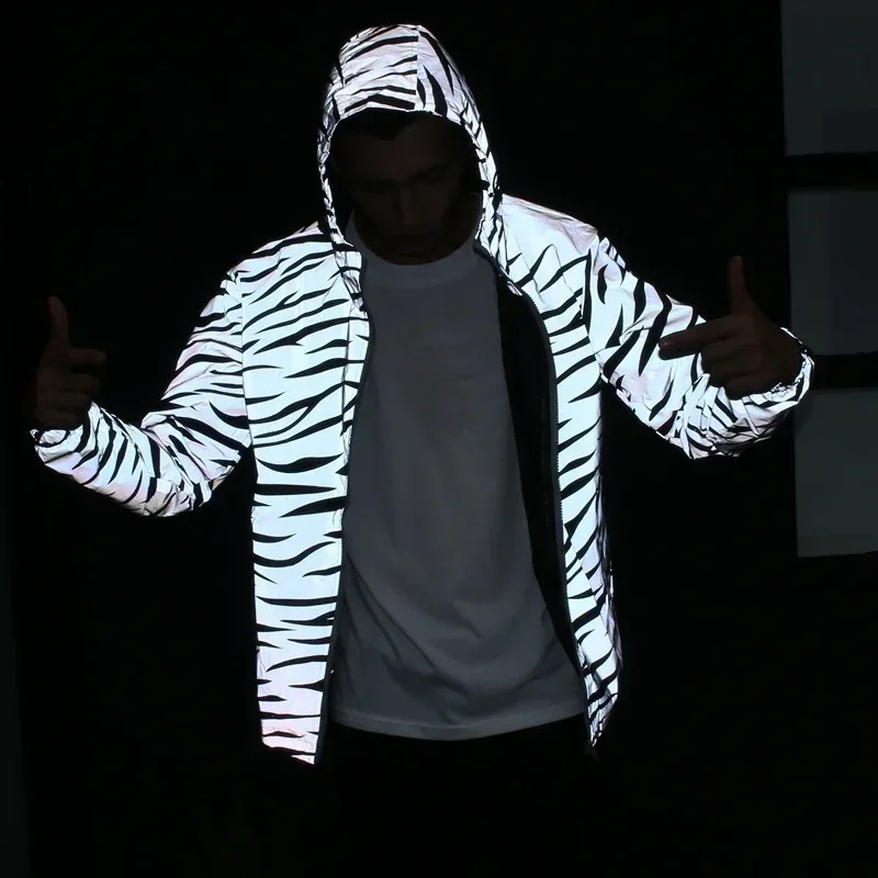 Männer Leopard Zebra Reflektierende Nacht Glänzende Mit Kapuze Windjacke Street Hip Hop Harajuku Wasserdichte Hoodie Mäntel Männlich Image