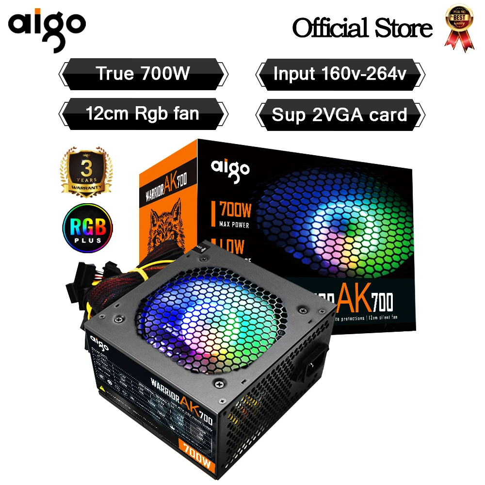 Aigo AK 700W PC Netzteil netzteil einheit Schwarz Gaming Ruhig 120mm rgb Fan 24pin 12V ATX desktop-computer Netzteil für BTC Image