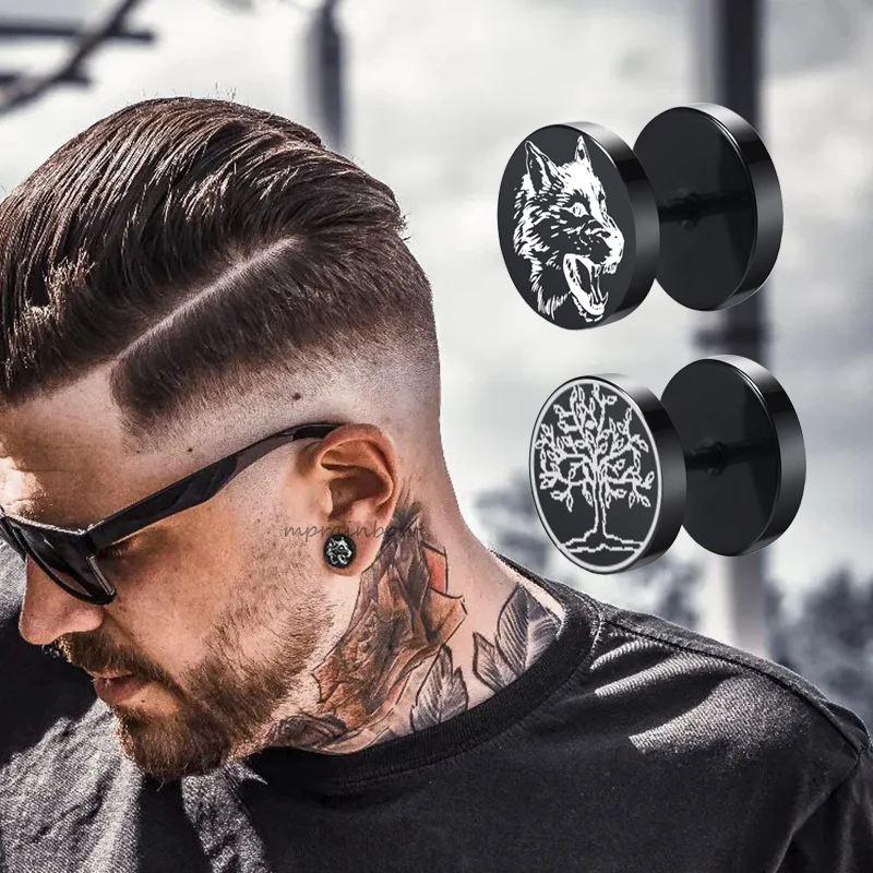Street Hip Hop Rock Wolf Baum des Lebens Ohrstecker für Männer, Edelstahl Schraub Hantel Ohrringe