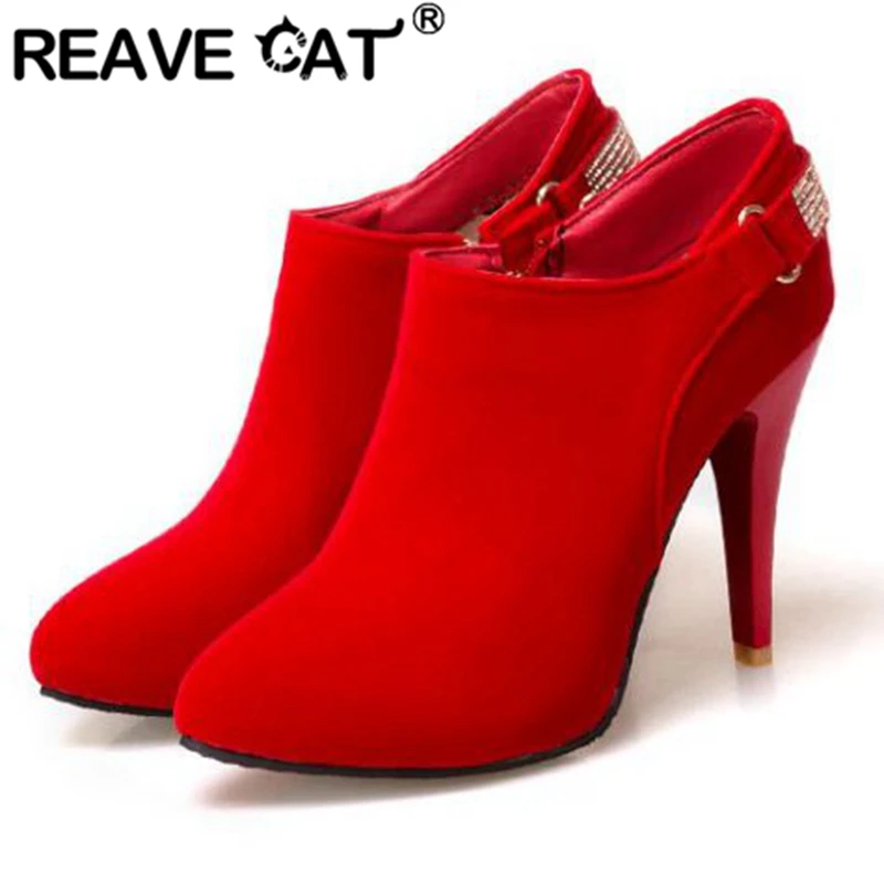 REAVE CAT Stiefeletten Spitzschuh Schuhe Damen Sale Dünne Absätze Flock Wildleder Leder Strass Große Größe 31-50 Jäten Blau Schwarz