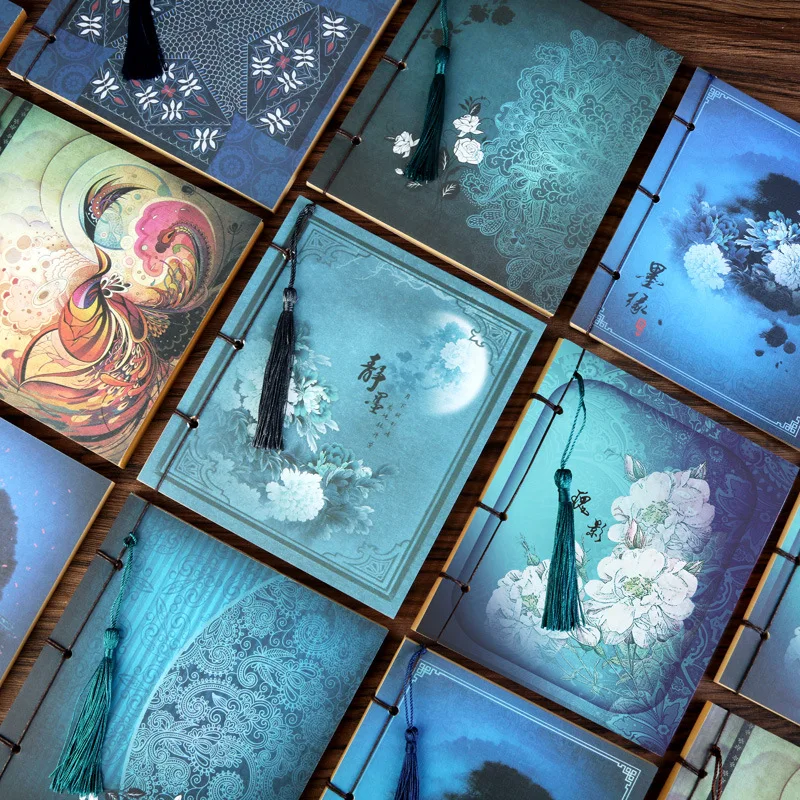 Chinesischer Stil Blaue Roos Kleur Tagebuch Notizbuch Kwastje Briefpapier Retro Flower Sketchbook Journal Blank Notebook Chinoiserie Image