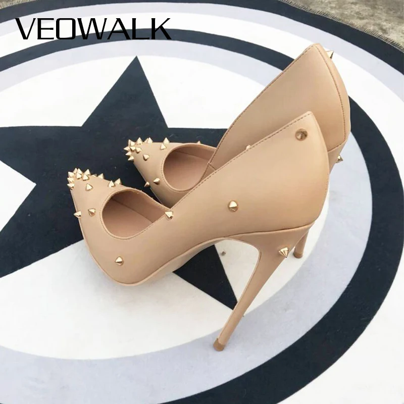 Veowalk Nude Matte Frauen Mode Sexy Spikes Spitz Dünne Stiletto Pumps Slip Auf High Heel Party Schuhe Plus Größe 10 11 12