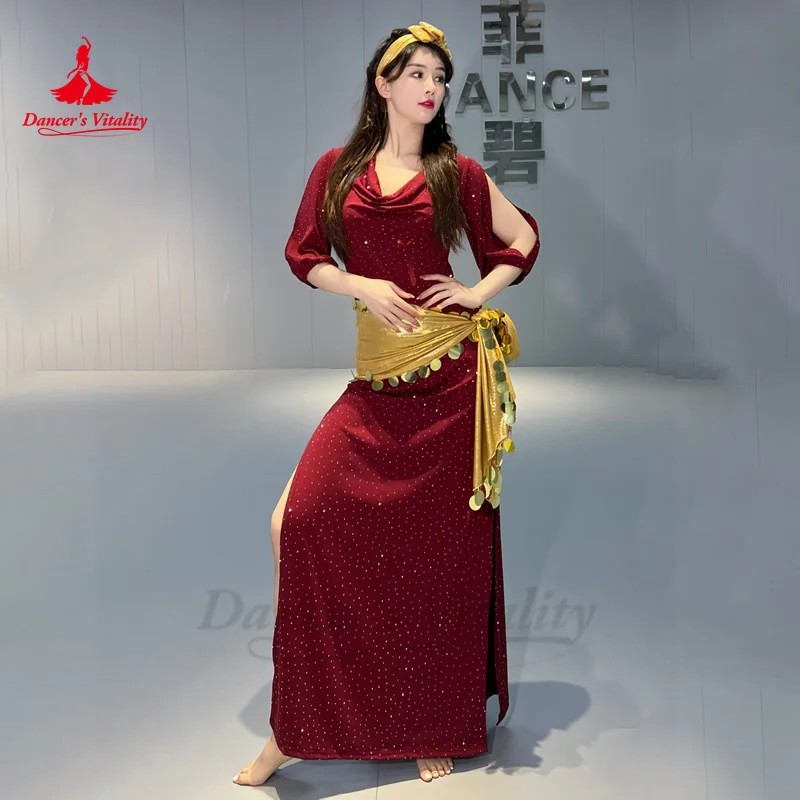 Bauchtanz Performance Kostüm Set für Frauen halbe Ärmel Baumwolle Robe + Kopfschmuck + Gürtel 3 stücke Shabbi Baladi Performance Roben Image