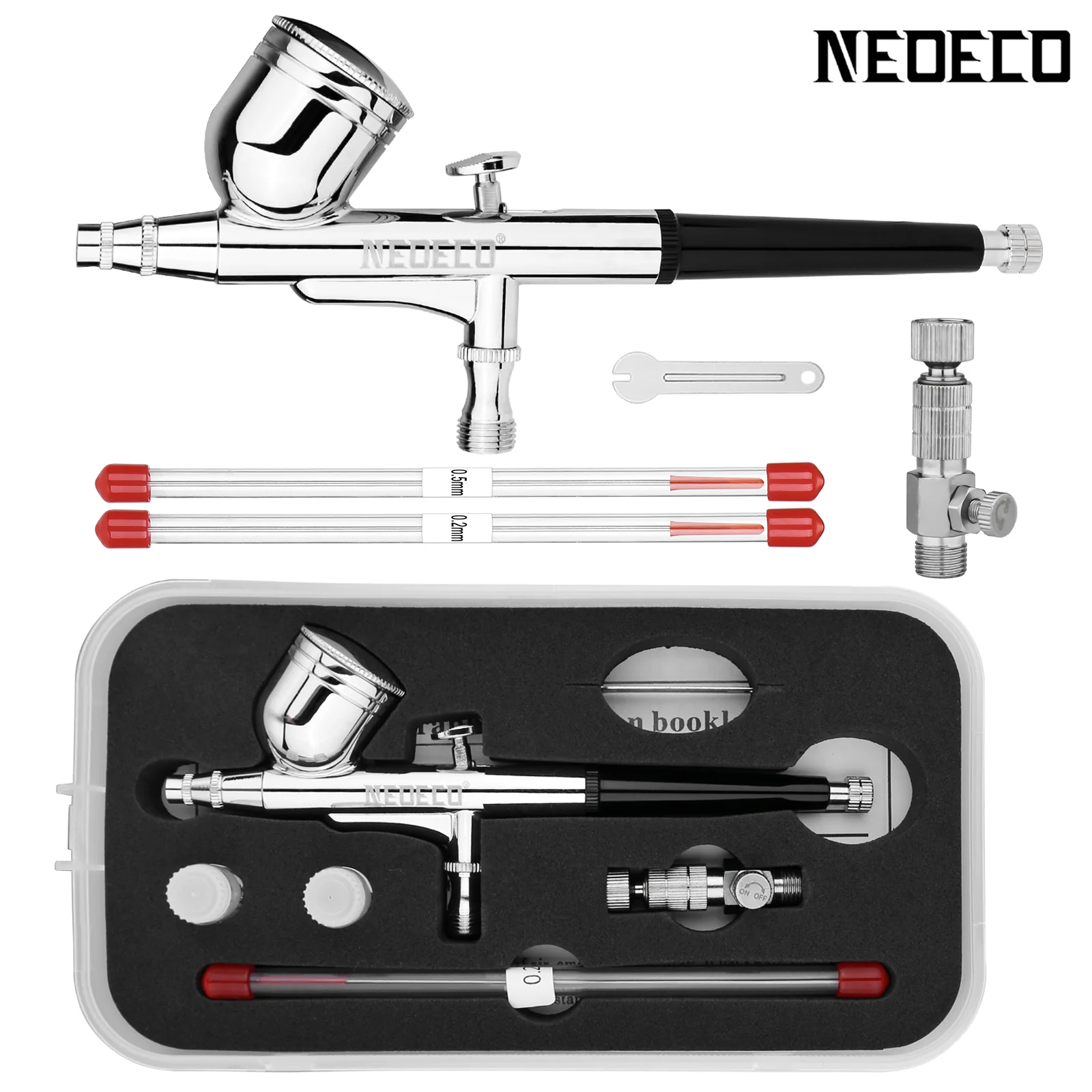 NEOECO 130 Dual Action Airbrush mit Schwerkraftzufuhr und 0,2 0,3 0,5 mm Düsennadel-Kit, verstellbare Schnelltrennverbindung, Rot, Schwarz Image