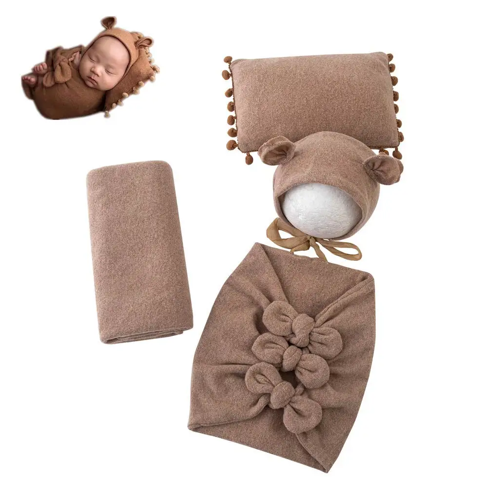 Neugeborene Baby Fotografie Requisiten Motorhaube Hut Bogen Wrap Stretch Stoff Decke und Posing Kissen Fotoshooting Prop Meilenstein Foto Image