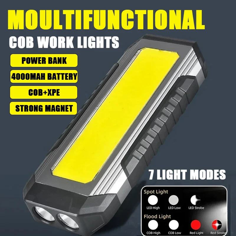 COB-Arbeitsleuchte, USB wiederaufladbar, LED-Taschenlampe, Power Bank 18650, tragbare Campinglampe mit Magnet, wasserdichte Laterne, 4000 mAh