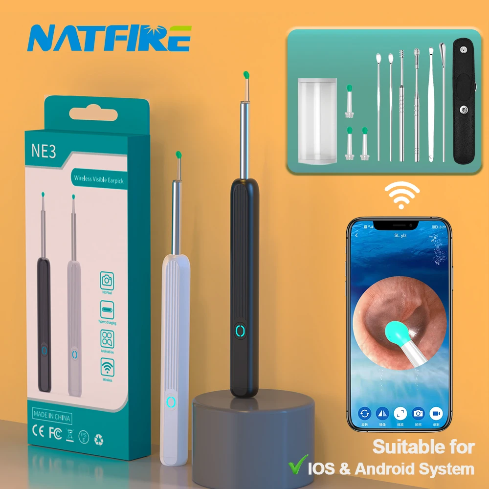 NATFIRE NE3 Ohr Reinigung Kit Smart Visuelle Ohr Sticks 1296P Ohr Wachs Removal Tool Drahtlose Ohr Reiniger mit Kamera LED Licht Image