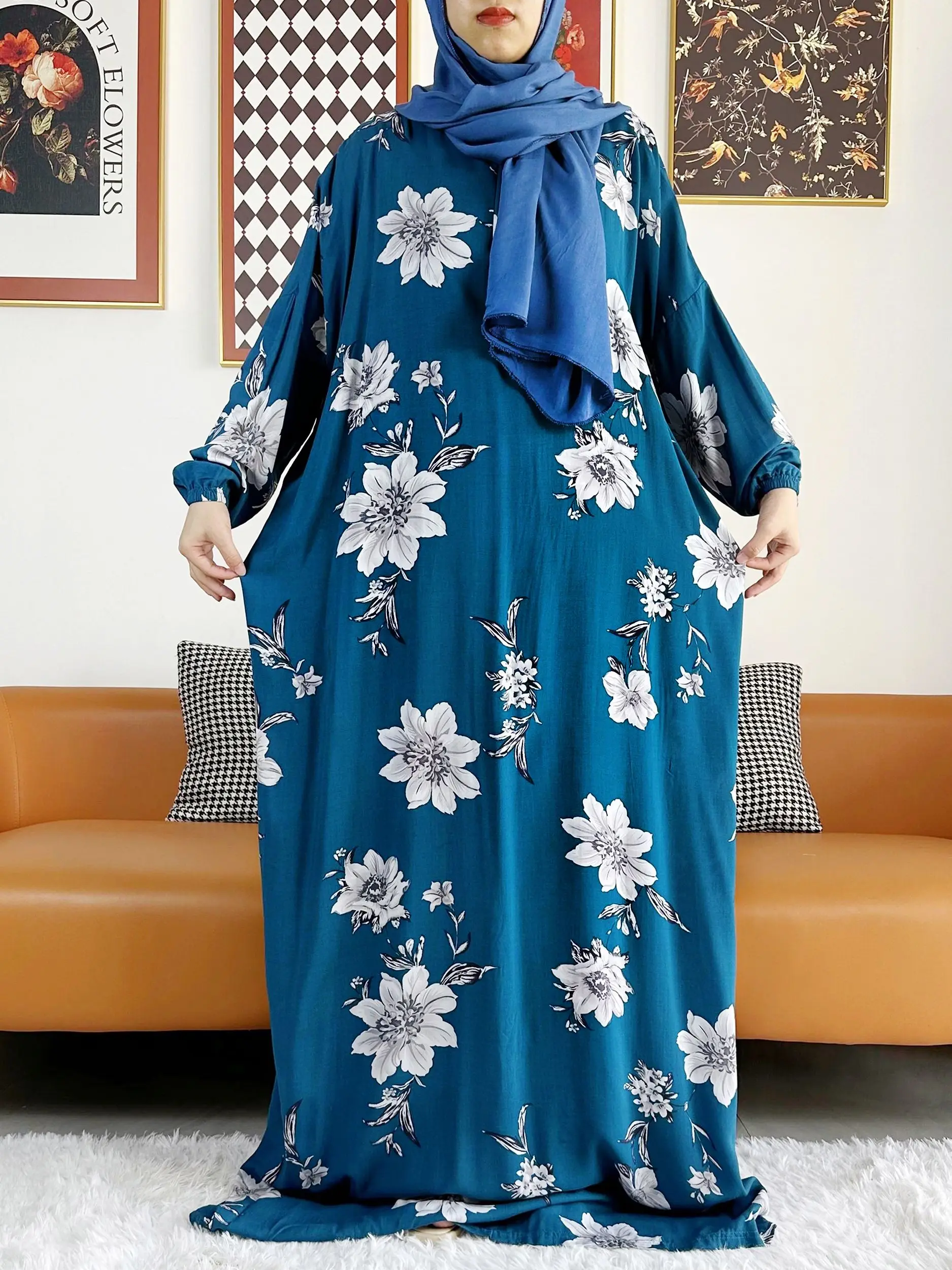 2025 muslimische Rayon Abayas Farbe Pitch Ramadan Gebet Dubai Türkei Nahen Osten Femme Robe Floral Lose Afrikanisches Kleid Turban Joint Image
