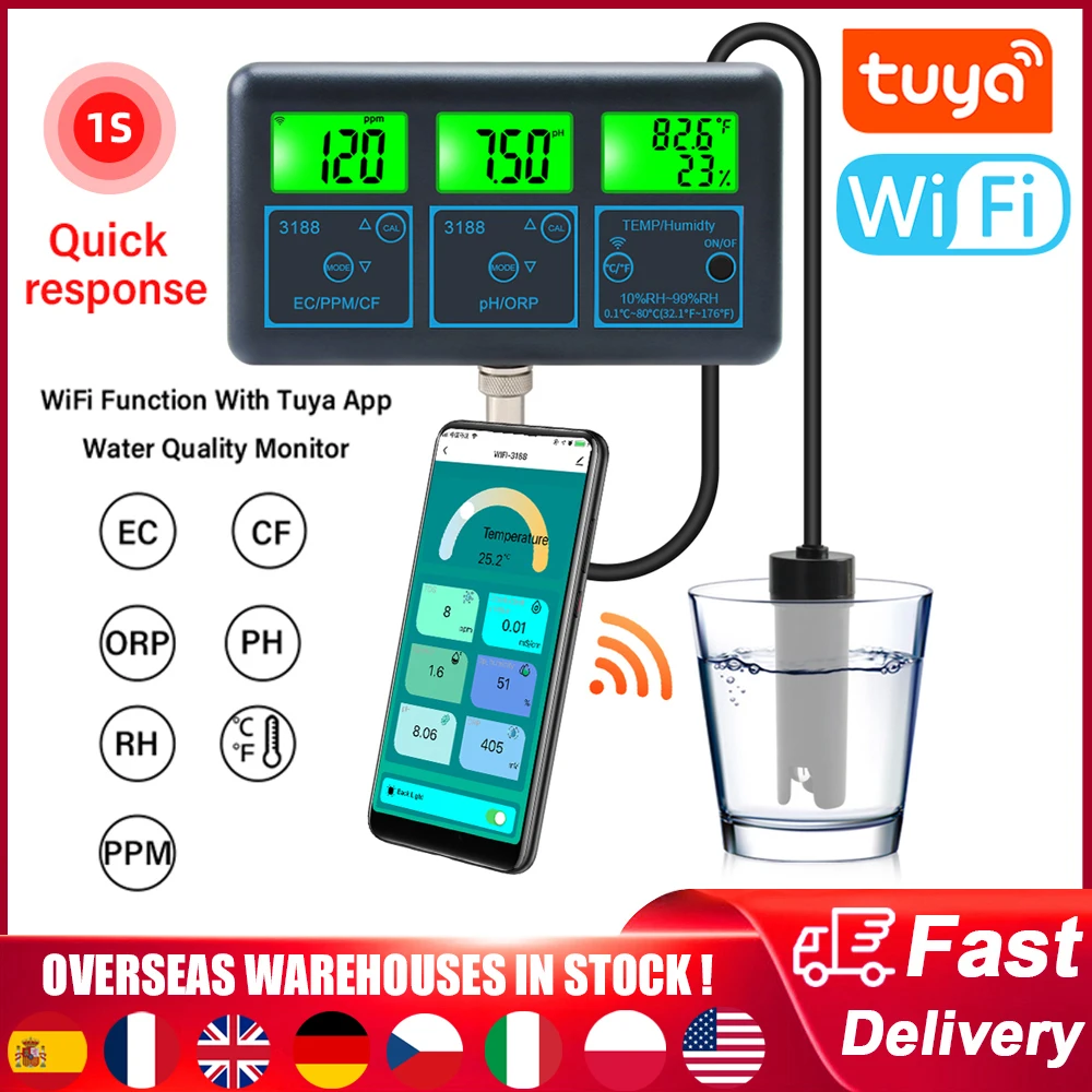 Tuya WiFi 7in1 Wasser Qualität Tester Wasser Analysator PH/ORP/EC/PPM/CF/Feuchtigkeit/temperatur Monitor Wasser Qualität Detektor PH Meter Image