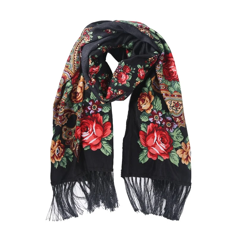 190x65cm ethnische Frauen Schal lange Blumen druck ukrainische Stickerei Hijab Kopf wickel Winter warme Schal Fransen Bandana Image