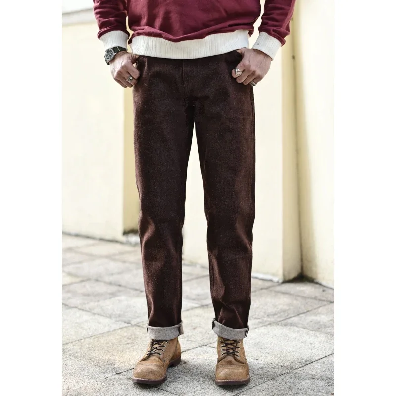 Saucezhan Herren-Jeans, braune Jeans, Herren-Jeans, Hose, Selvedge-Denim-Jeans für Herren, Taper Fit, Herren-Jeans, Vintage, 13,8 Unzen Image