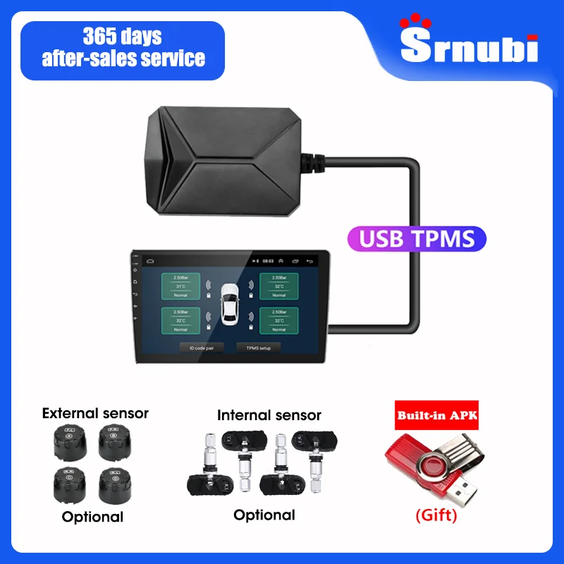 Srnubi Android TPMS für Autoradio, DVD-Player, Reifendruck, Alarmüberwachungssystem, Ersatzreifen, interner externer Sensor, USB-TMPS