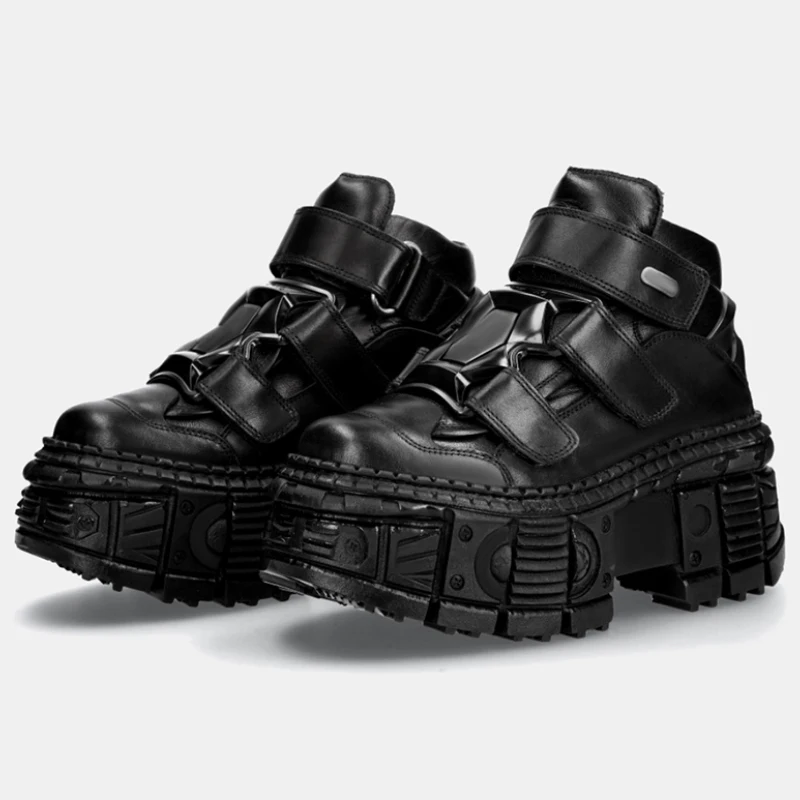 Herren Echtleder High-Top Plateau-Schuhe Retro Street Style Dunkler Punk Muffin-Sohle mit Metall-Akzenten Unisex