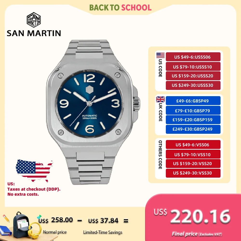 San Martin 40 mm quadratische Business-Uhr, mechanische Uhren für Herren, selbstaufziehende Armbanduhr, wasserdicht, 10 Bar, lässiger Saphir SN0074 Image