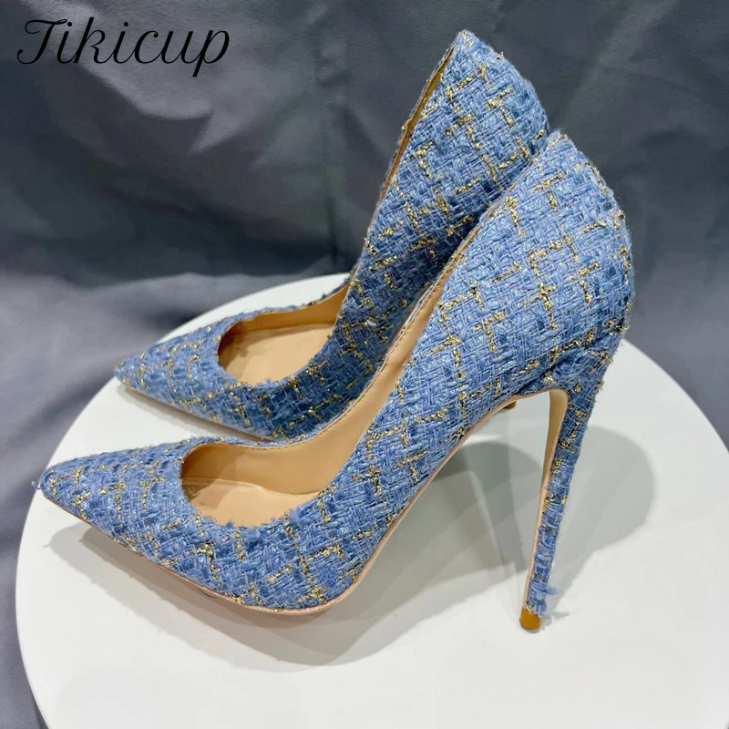 Tikicup Plus Size Blau Kariertes Muster Damen Spitze Zehen High Heel Schuhe Elegante Damen Chic Stiletto Pumps Anpassen 8cm 10cm 12cm