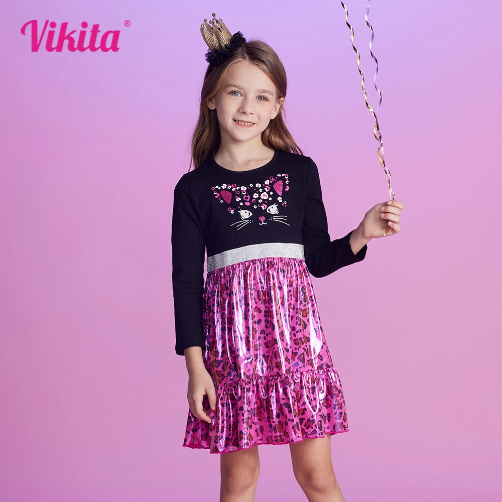 Vikita Mädchen Herbst Frühling Langarm Kleider Kinder Leopard Katze drucken Mode lässig Prinzessin Kleid Kinder Kleidung 3-12 Jahre Image