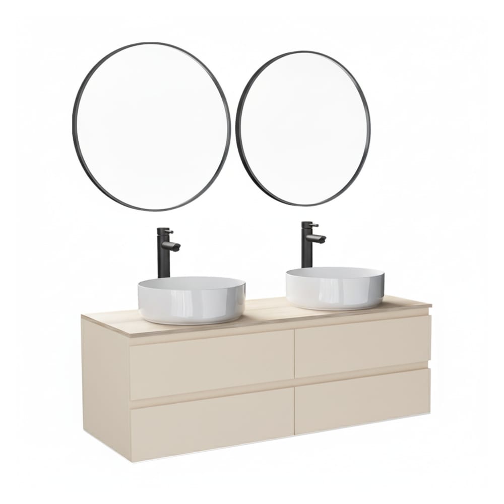 Meuble double vasque 120cm avec plan bois Blanc+vasque+robinet+miroir