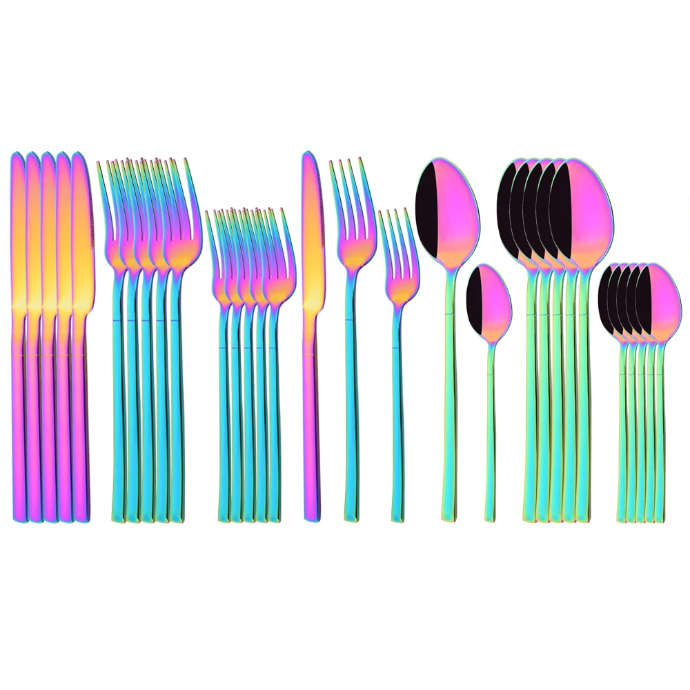 30Pcs Geschirr Spiegel Edelstahl Besteck Set Regenbogen Messer Dessert Gabel Löffel Besteck Küche Party Abendessen Geschirr Image