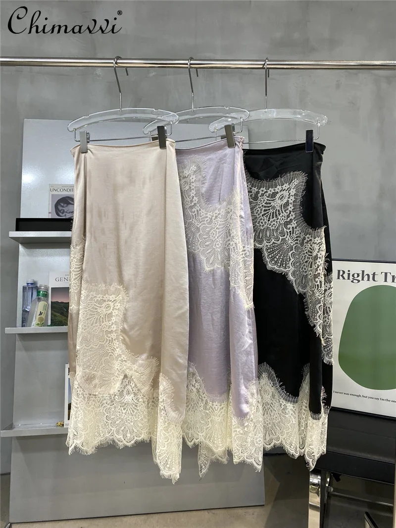 High-End-Retro-Satin-Spitze-Nährock für Damen, 2024, Sommer, hohe Taille, schlankmachender Hofstil, Temperament, mittellanger Rock Image