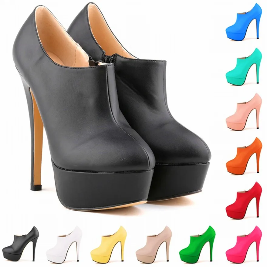 LOSLANDIFEN Concise Weiche Leder Stiefeletten Plattform Zipper Kurze Stiefel Mode frauen Schuhe 14 cm Super High Heels Schuhe Frau Image
