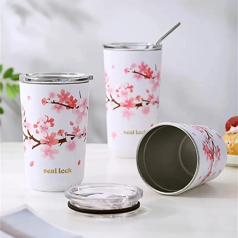 1pc 304 Edelstahl Ins Hands-on Tasse Stroh Hochwertige Mädchen Milch Tee Kaffee Tasse Anti-herbst wasser Flasche Wasser Tasse Kirsche Blos Image