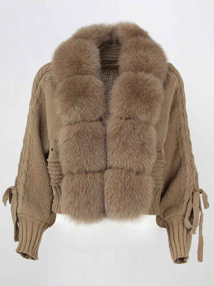 OFTBUY 2023 Winter Frauen Casual Echt Fox Pelz Kragen Neue Mode Kurze Warme Lose Gestrickte Jacke mit Natürliche Pelz Knopfleiste Mantel Image