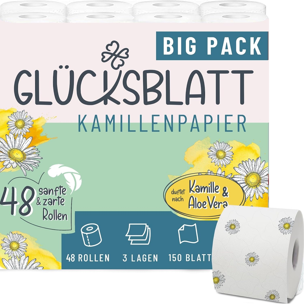 Glücksblatt Toilettenpapier KAMILLE, 3-lagig, 48 Rollen x 150 Blatt, Duft nach Kamille, 100% Zellstoff, mit bunten Kamillenblüten, Kamillenpapier
