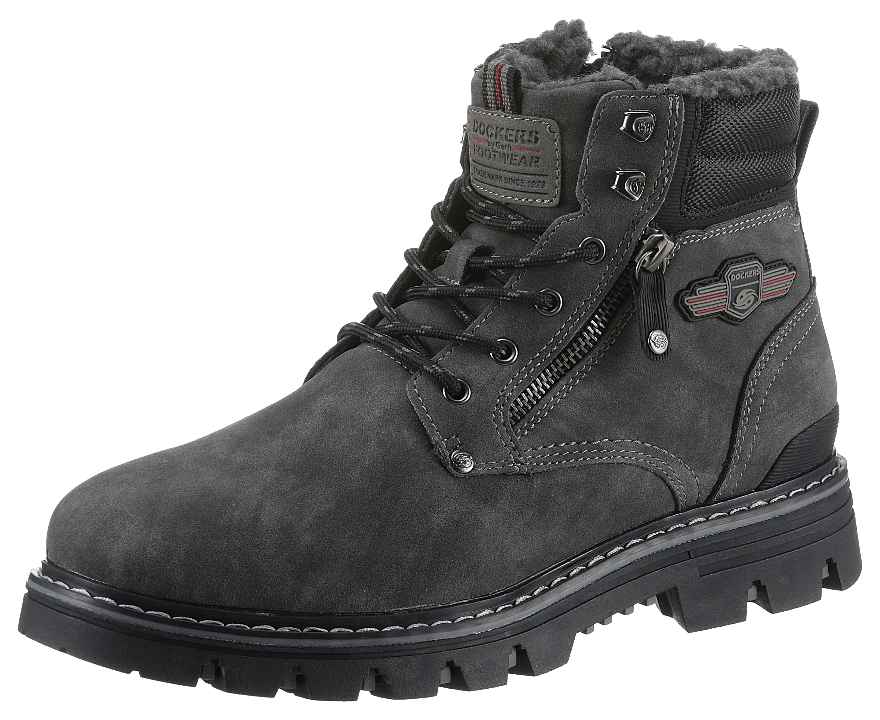 Winterboots DOCKERS BY GERLI, Herren, Gr. 42, grau (dunkelgrau), Lederimitat, Schuhe Winterboots, Workerboots, Schnürstiefel mit Blockabsatz