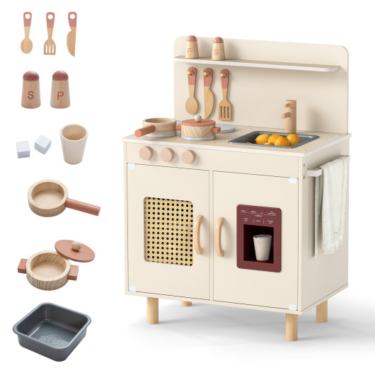 Costway Wooden Pretend Kitchen Playset with Realistic Ice Maker-Yellow