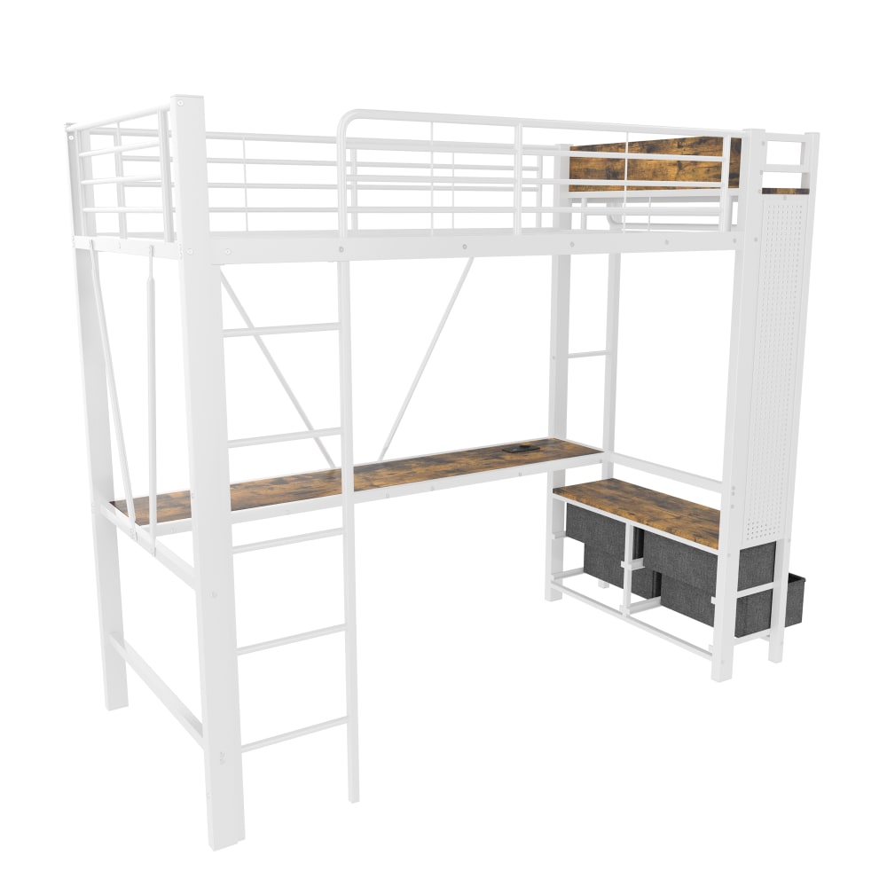 Letto a soppalco in metallo bianco 90x200 cm con cassetti e scrivania