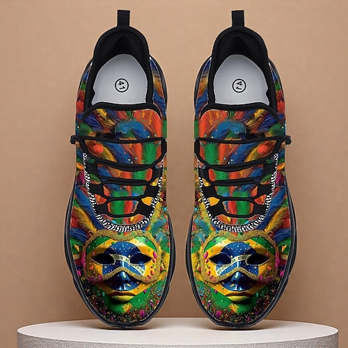 Sneaker da uomo con maschera piumata rossa e gialla per Mardi Gras – stile carnevalesco accattivante sneaker casual leggere per celebrazioni di carnevale