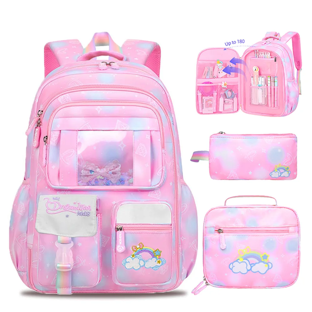 Sac à dos d'école pour filles, 3 pièces, grande capacité, sac d'école pour enfants avec panier à déjeuner, étui de transport, sac à dos de voyage, cadeau pour enfant
