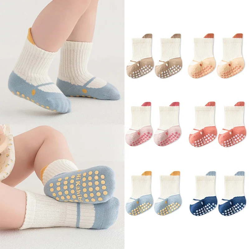 2 Paare/los Baumwolle Baby Anti-slip Schuhe Socken Für Frühling 0-5 Jahre Jungen Mädchen Low Cut Boden Kinder Kleinkind Socke mit Gummi Griffe Image