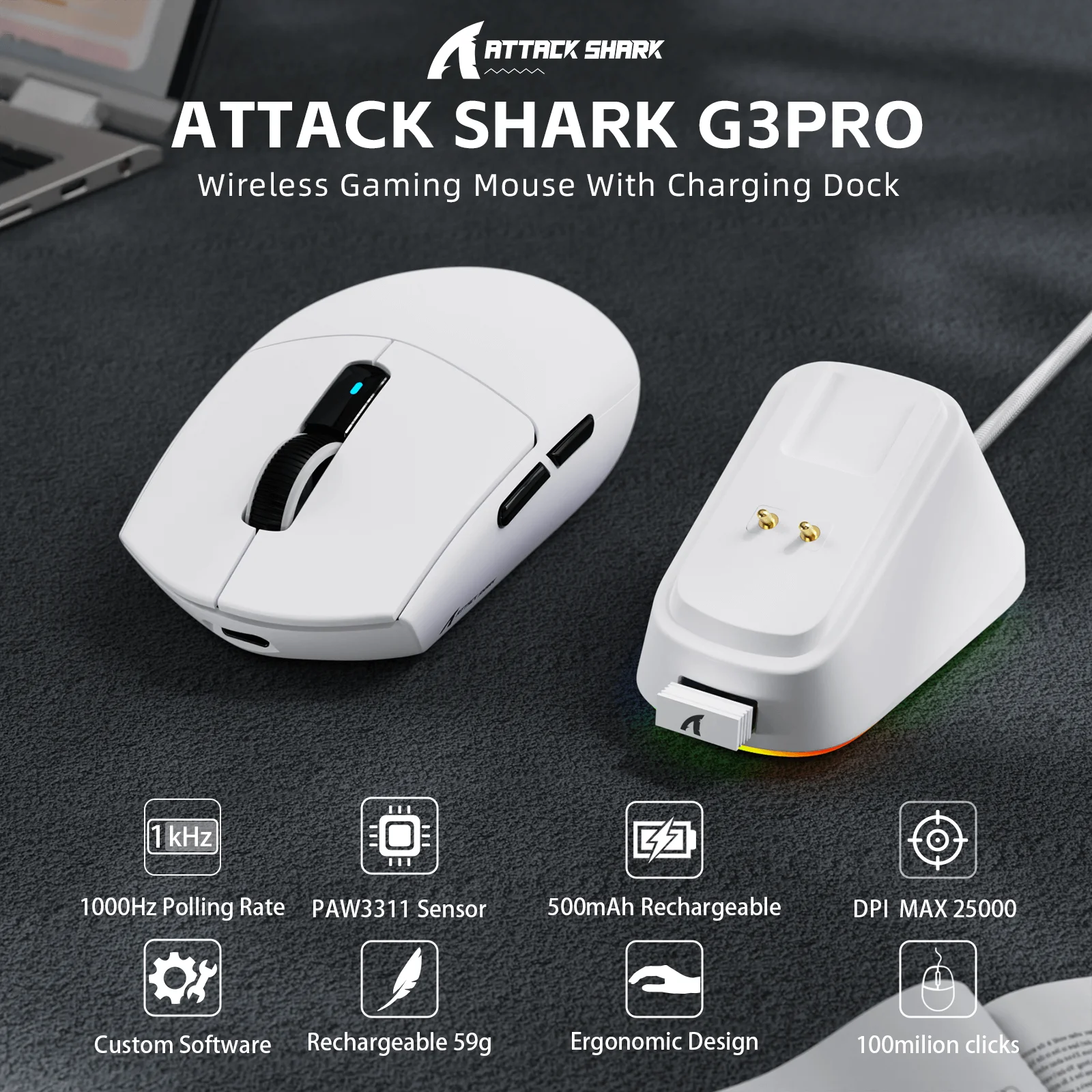 ATTACK SHARK G3PRO Gaming-Maus mit magnetischer Ladestation, PixArt PAW3311 Gaming-Sensor, BT/2,4 G kabellos/kabelgebunden Image
