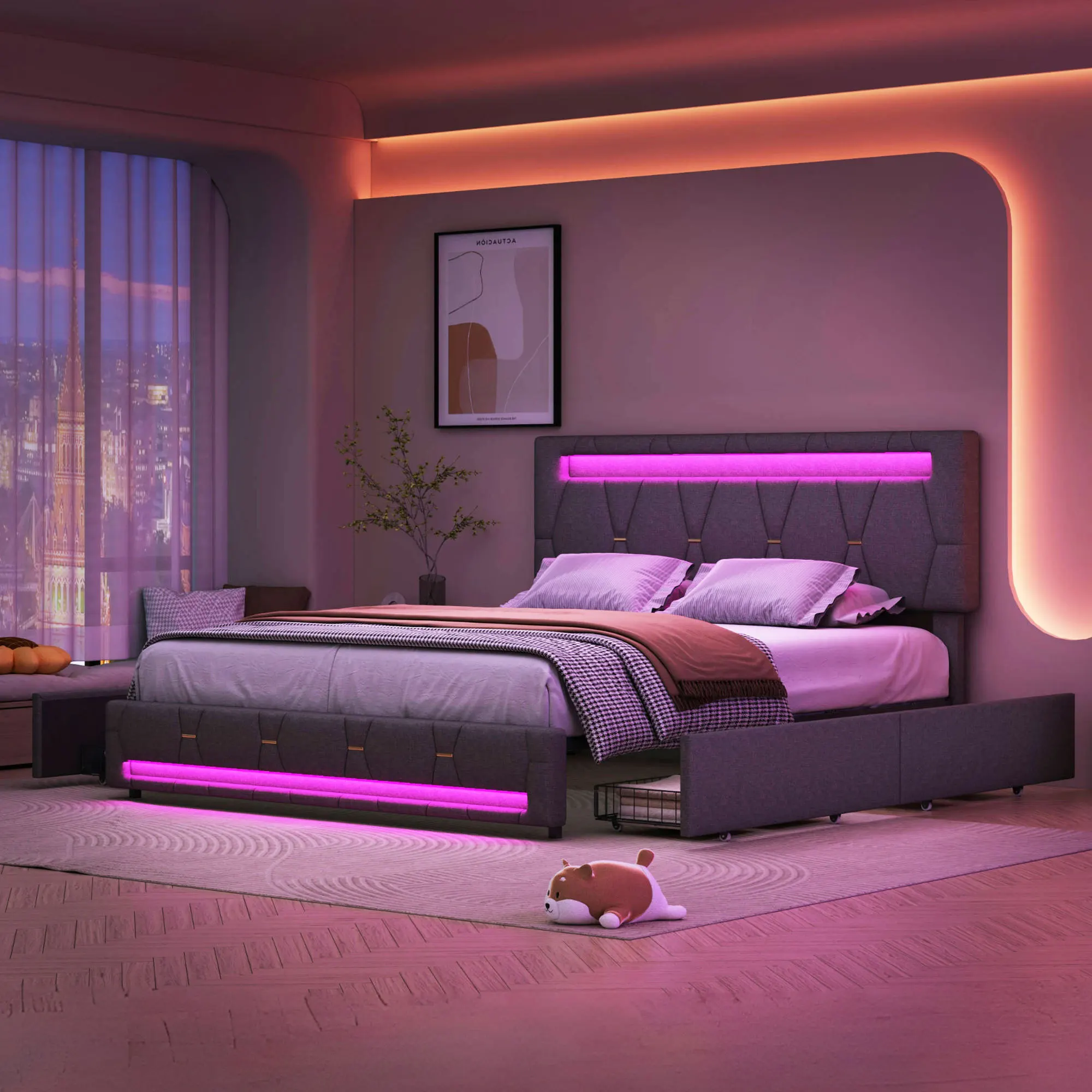 Letto con contenitore, 160 x 200/140 x 200 cm, imbottito, letto matrimoniale, con illuminazione a LED, cassetti e rete letto a doghe (grigio)