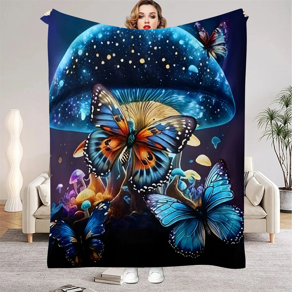 Blaue Galaxie-Pilz-Schmetterlingsdecke, weich, gemütlich, warm, Winter-Flanell-Überwurf, Decke für alle Jahreszeiten, für Sofa, Bett, Zimmerdekoration Image