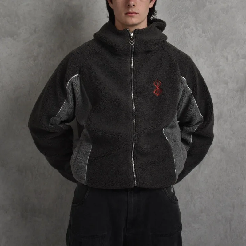 Herbst Retro Hip-Hop Street Lamm Fleece Hoodie locker lässig Patchwork schwarz grau Kapuzenstickerei vielseitig