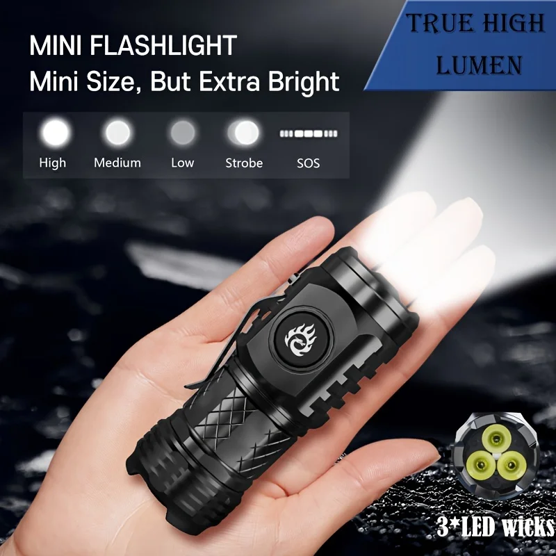 Hochleistungs-LED-Taschenlampe, 3-LED-Mini-Taschenlampen, wiederaufladbar über USB, aufsteckbare Taschenlampe, Notfall-Arbeitsscheinwerfer für den Außenbereich zum Wandern Image