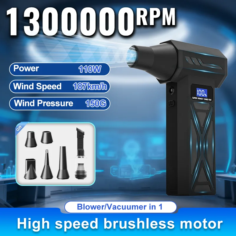 Neues P70-Luftgebläse, 4-Gang-verstellbares Strahlgebläse mit LED-Licht und Display-Akku, kabelloser Druckluft-Staubwedel mit Vakuum-Set Image