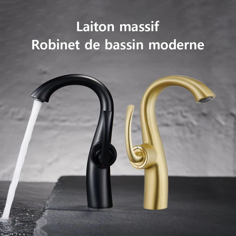 De luxe En Or Brossé Salle De Bains Robinet Pont Monté Vanité En Laiton Mélangeur D'eau Du Robinet Lavabo Évier Un Trou Noir Bassin Robinets mitigeur salle de bain robinet lavabo robinets salle de