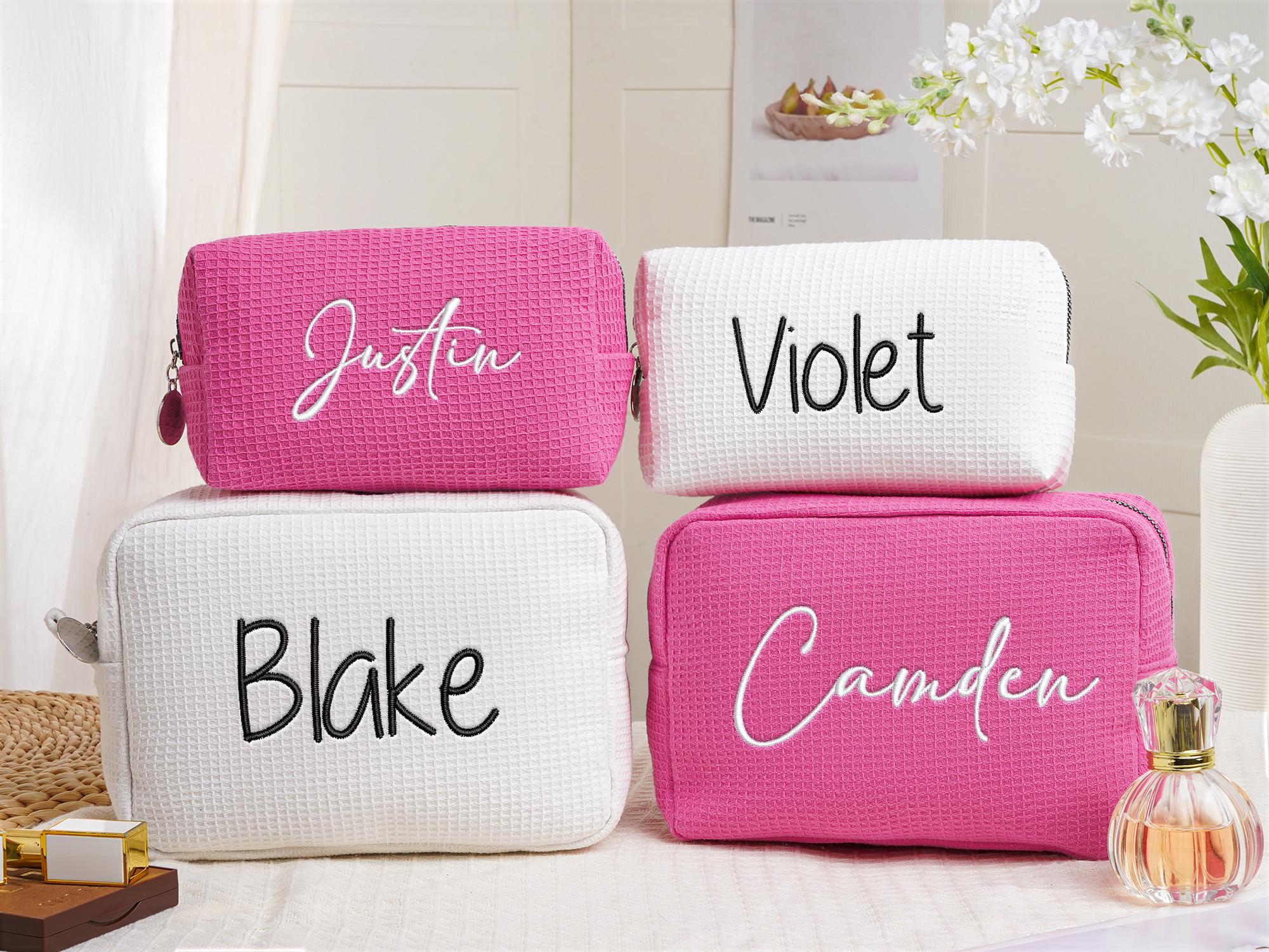 Borsa per il trucco ricamata a nido d'ape, borsa per il trucco da damigella d'onore, borsa per il trucco con nome monogrammato, borsa per il trucco co