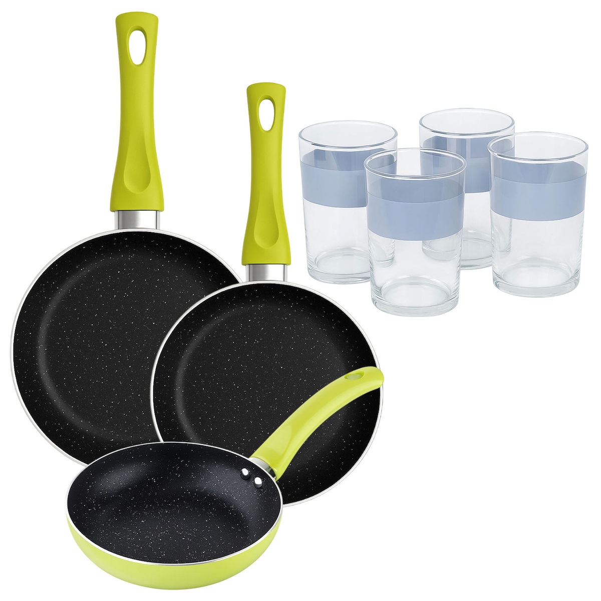 BERGNER - Set aus 3 Pfannen Ø20/Ø24/Ø28 cm gepresstes Aluminium Molen Grün 4er-Set Gläser 0,5 L NOIA Image