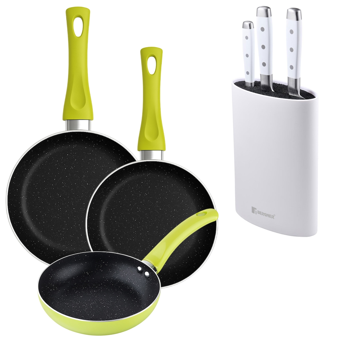 BERGNER - Set aus 3 Pfannen Ø20/Ø24/Ø28 cm gepresstes Aluminium Molen Grün 3-teiliges Edelstahlmesser-Set mit Messerblock Image