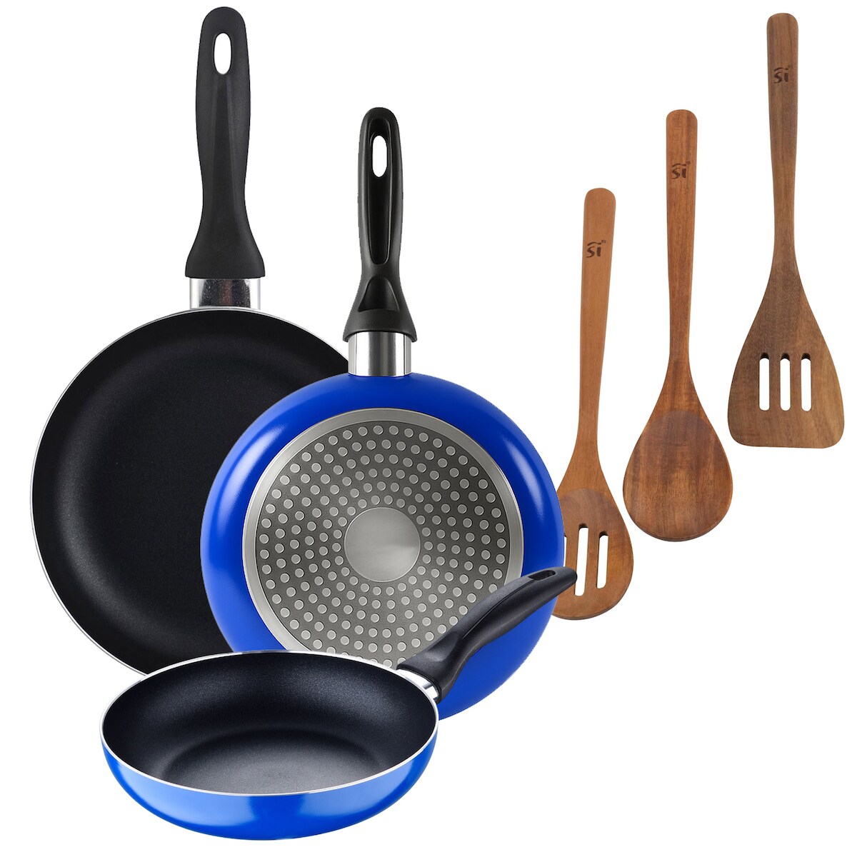 BERGNER - Set aus 3 Pfannen Ø16/Ø20/Ø24 cm gepresstes Aluminium, geeignet für Induktion Blue Navy Paradise Set 3 Küchenutensilien aus Akazienholz Image