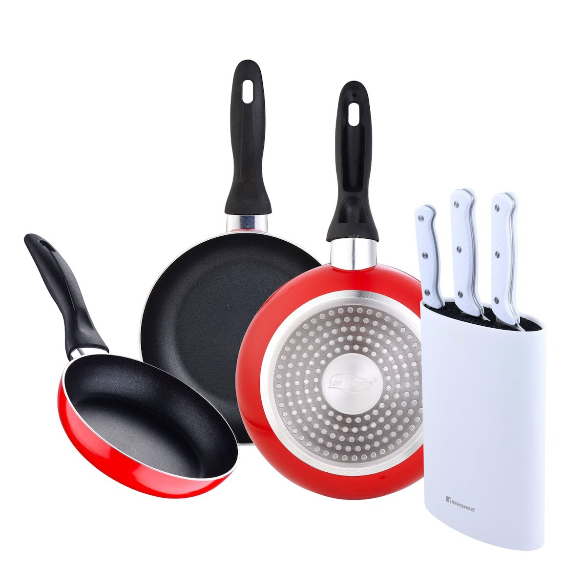 BERGNER - Set aus 3 Pfannen Ø16/20/24cm aus gepresstem Aluminium, geeignet für Induktion Navy Red 3-teiliges Messer-Set mit Messerblock aus Edelstahl Image