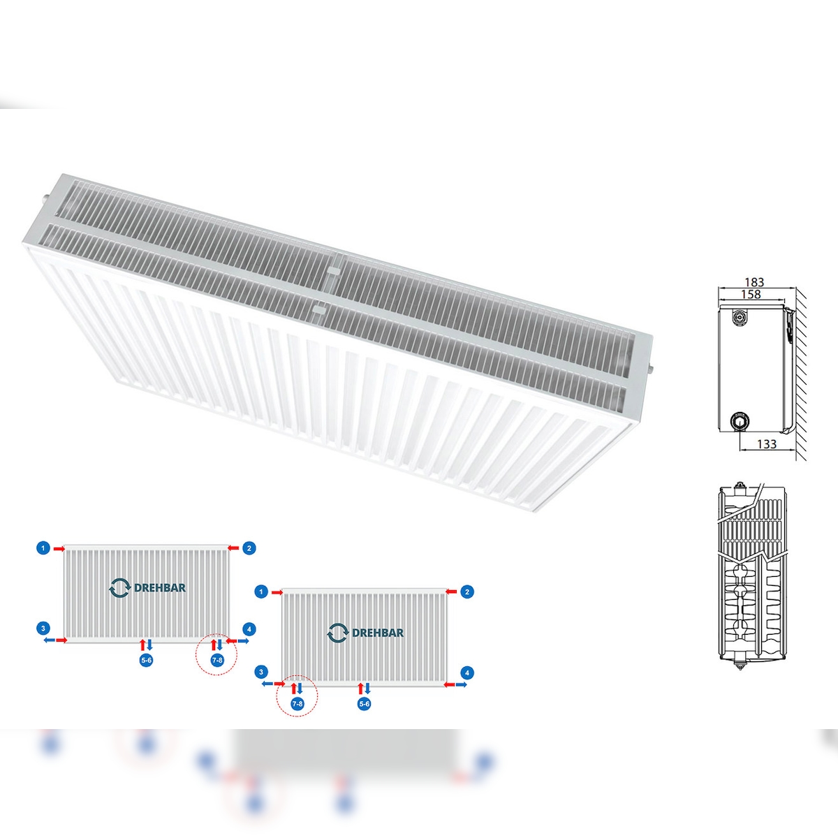 Belrad Typ 33 Universalheizkörper Ventilheizkörper Mittelanschluss mit 8 Anschlüssen 400 x 800 (HxB)-1369W Image