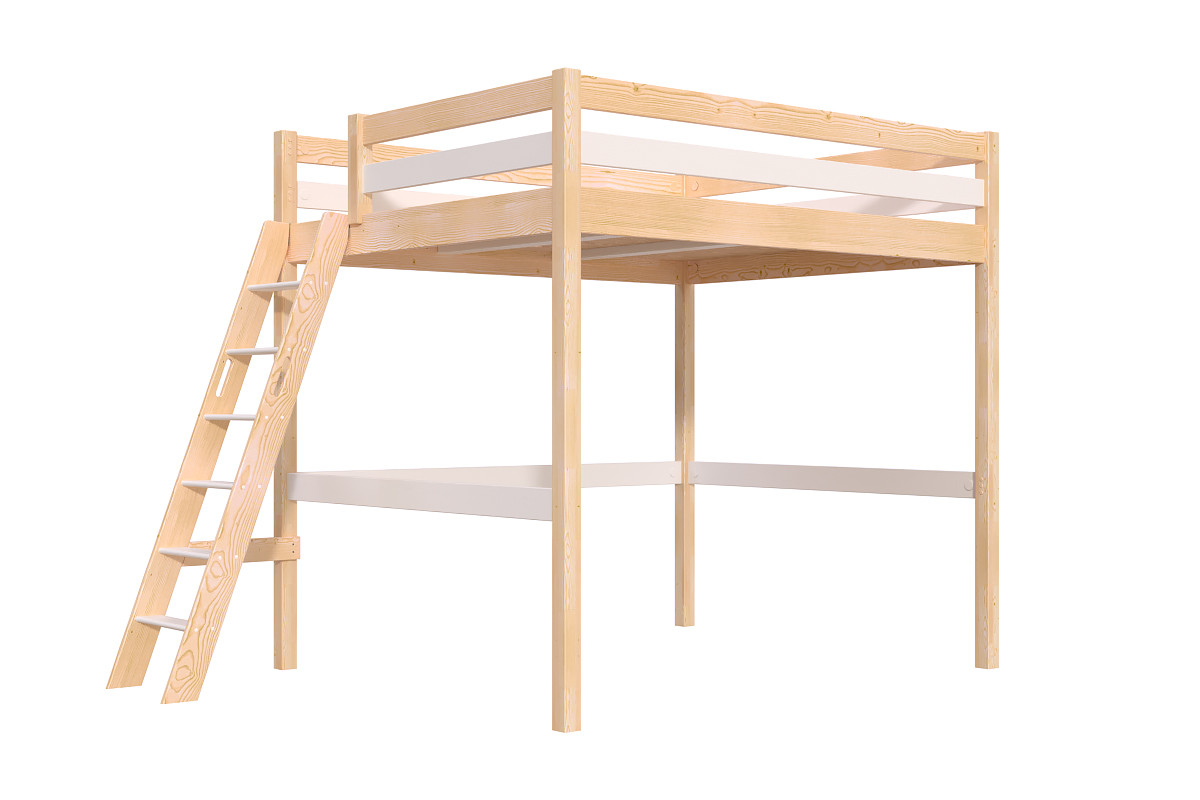 Lit mezzanine 2 places bois Sylvia 160x200 échelle inclinée - Vernis naturel/Blanc