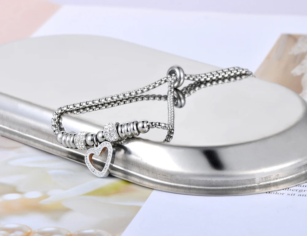 Lokaer Neue Titan Edelstahl Weiß Strass Kette & Link Armbänder Für Frauen Liebe Herz Einstellbare Größe Armband B20053 Image